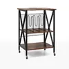 A mobile record storage cart with a vintage wood finish and black metal frame, shown against a white background. Produktbild-Vorschau