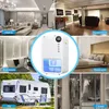 A collage of images showing a portable dehumidifier in various home and travel settings, including a living room, basement, bathroom, bedroom, RV, and closet. Produktbild-Vorschau