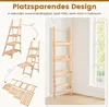 Collage showing a wooden plant stand in different states of use and assembly, next to a full-sized plant stand in a room. Náhled obrázku produktu