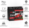 A product image of a battery for a lawn tractor, with various feature callouts and icons. Produktbild-Vorschau
