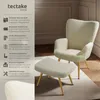 A cream-colored armchair and ottoman set with gold legs, presented with descriptive text and icons highlighting its features. Produktbild-Vorschau