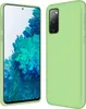A light green silicone phone case is shown next to a smartphone displaying a blue abstract image.