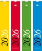 Four vertical calendars of different colors (yellow, red, green, blue) are displayed side-by-side against a white background. Each calendar features the year '2026' prominently in large white or black text, along with smaller text at the bottom. Produktbild-Vorschau