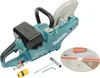 A teal and black Makita cordless cut-off saw with accessories on a white background. Voir les images du produit
