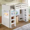 A white loft bed with integrated desk, shelves, and closet space, set up in a child's room with decorative flags and a rug. Anteprima dell’immagine prodotto