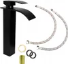 A black waterfall faucet with two flexible hoses and some small accessory parts, all on a white background. Náhled obrázku produktu