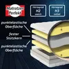 A cutaway view of a mattress showing its layers, with marketing text and hardness ratings. Produktbild-Vorschau