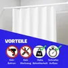 A white shower curtain rod with a white shower curtain hanging from it, set against a tiled wall. The bottom part of the image is a blue overlay with marketing text and icons. Produktbild-Vorschau