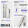 Collage of product images and feature callouts for a MacBook USB-C hub. Produktbild-Vorschau