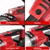 A collage of four close-up images showing different features of a red and black cordless vacuum cleaner. Podgląd zdjęcia produktu