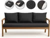 A set of dark gray cushions for a wooden garden bench, with four circular close-up images showing features of the cushions at the top. Produktbild-Vorschau