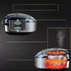 A collage showing a rice cooker with diagrams illustrating its features, and a close-up of steam rising from food being cooked. Produktbild-Vorschau