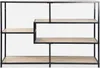 A modern shelving unit with a metal frame and wood-look shelves. Produktbild-Vorschau