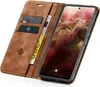 A brown leather flip case for a smartphone, open to reveal the phone's screen and card slots. Produktbild-Vorschau
