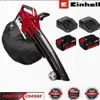 A red and black Einhell leaf blower with two batteries and chargers shown on a white background, along with marketing badges. Produktbild-Vorschau