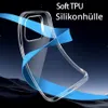 A clear phone case is shown with a blue ribbon wrapped around it against a dark, starry background. Produktbild-Vorschau