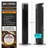 Product information and dimensions for a tower fan. Voir les images du produit
