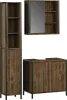 A set of three bathroom furniture pieces: a tall cabinet, a wall-mounted cabinet with a mirror, and a vanity cabinet. All pieces have a dark wood grain finish with black metal frames. Podgląd zdjęcia produktu