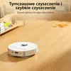 A white robot vacuum cleaner is shown on a wooden floor, cleaning up a spill. Podgląd zdjęcia produktu