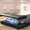 Close-up view of the internal motor of a treadmill, with marketing text and icons highlighting its features. Produktbild-Vorschau