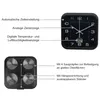 A clock with labels pointing to its features, and a separate image showing suction cups and a stand. Produktbild-Vorschau