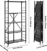 A black metal shelving unit is shown in two configurations: fully assembled and folded. Dimensions are provided. Produktbild-Vorschau