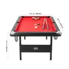 A VEVOR brand billiard table with balls, cues, and chalk, shown with dimensions indicated. Náhled obrázku produktu