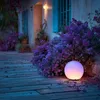 A glowing spherical solar lamp sits on a wooden deck surrounded by lush purple flowers at dusk. Anteprima dell’immagine prodotto