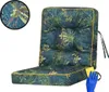 A chair cushion with a tropical leaf pattern, shown with a close-up inset demonstrating water repellency and a hand in a blue glove cleaning it. Podgląd zdjęcia produktu