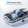 Close-up view of the internal motor and belt system of a vibration plate, with text overlays highlighting features. Produktbild-Vorschau