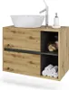 A bathroom vanity with a vessel sink and faucet, along with rolled towels and soap dispenser. Anteprima dell’immagine prodotto