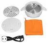 A collection of parts for an electric cooking pot, including the pot itself, a steaming rack, a lid, a storage bag, and a power cord. Produktbild-Vorschau
