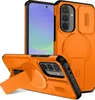 A product shot of an orange phone case with a kickstand and camera cover, displayed from multiple angles. Produktbild-Vorschau