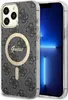 A close-up of a smartphone case with a Guess logo and pattern, placed next to a smartphone. Voir les images du produit