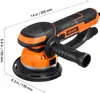 A VEVOR brand orbital sander is shown with dimensions indicated by lines and text. Náhled obrázku produktu