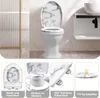 A toilet with a marble-patterned seat and lid, shown in a bathroom setting. Below the toilet are four smaller images highlighting product features. Produktbild-Vorschau