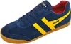 A single blue Gola sneaker with yellow stripes and a gum sole is shown against a white background. Produktbild-Vorschau