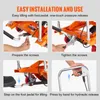 Collage of four images showing the installation and use of a hydraulic scissor lift table. Voir les images du produit