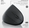 A black vertical wireless mouse is shown with descriptive text and icons highlighting its features. Produktbild-Vorschau