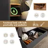A collage of images showing a bed with storage, a bedside table with a wireless charger, and icons representing features. Náhled obrázku produktu
