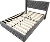 A grey upholstered bed frame with a slatted mattress support system, shown from a diagonal angle against a white background. Voir les images du produit