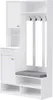 A white entryway storage unit with a bench, hooks, and cabinets. Voir les images du produit