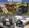 Collage showing a dog carrier in different settings: outdoors with a dog and picnic, inside a car, and indoors with a dog and a person on a couch. Anteprima dell’immagine prodotto