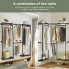 A collage of two images showing a clothing rack with shelves in different configurations, set up in a room. Produktbild-Vorschau
