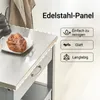 A close-up view of a kitchen cart's stainless steel top with a bread roll on a plate. Produktbild-Vorschau
