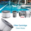 A collage of filter cartridges for a spa or pool, with a background image of a swimming pool. Produktbild-Vorschau