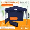 A blue pop-up tent with dimensions and included accessories shown. Produktbild-Vorschau