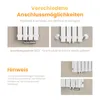 Close-up images of a white radiator showing different connection options and a text box with a note. Voir les images du produit