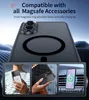 A collage of images showing a phone case with MagSafe compatibility, demonstrating its use with accessories and in a car. Voir les images du produit