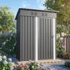 A gray metal garden shed is shown in a garden setting, surrounded by flowers and greenery. Produktbild-Vorschau